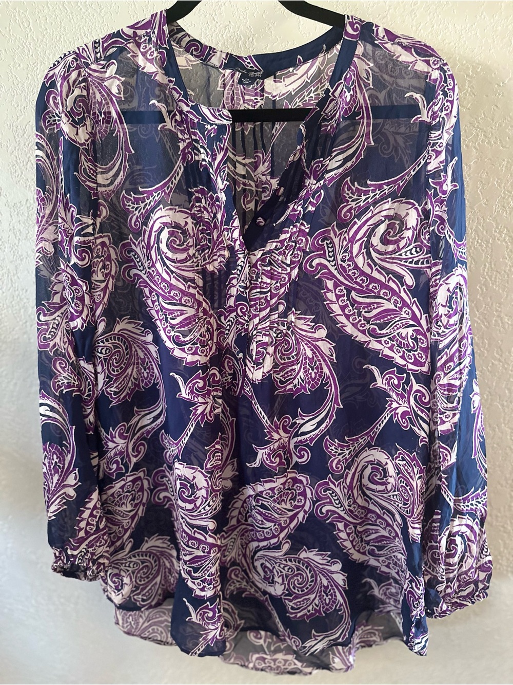 Lucky Brand Navy Sheer Blouse with Purple Paisley